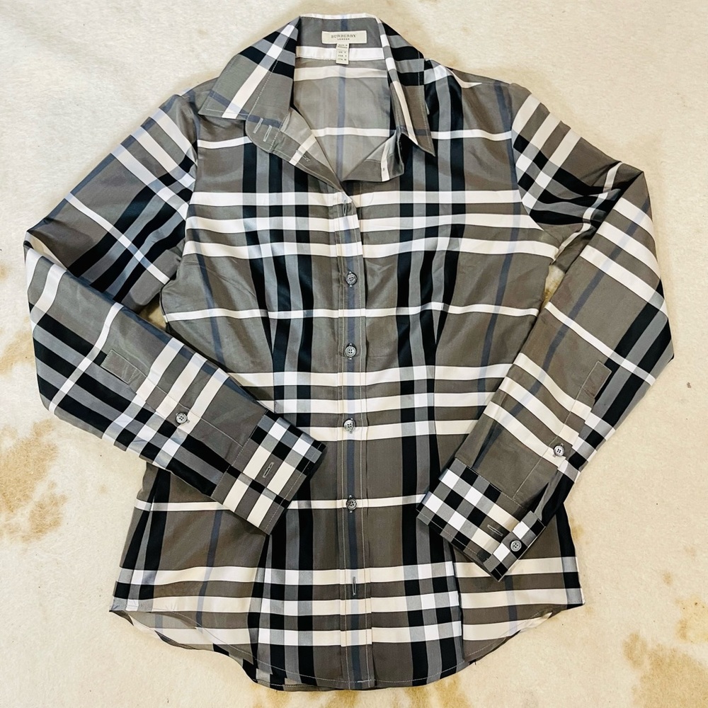 Burberry London Grey Plaid Button Down Shirt